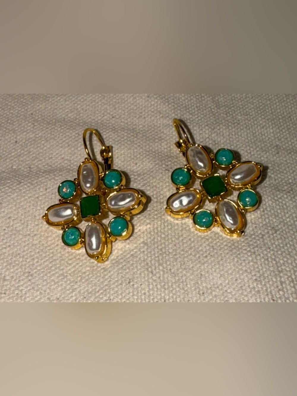 Gold-Tone Costume Floral Drop Earrings with Green and Pearl Accents -new